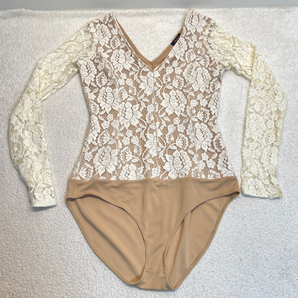 Ella Moss Womens Bodysuit Long Sleeve Floral Lace Lined Nude/White, Sz M